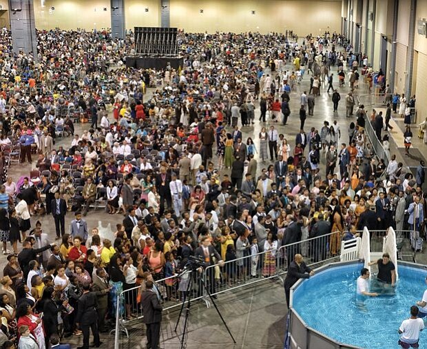 Followers pool together for convention-Thousands of Jehovah’s Witnesses gather at the Greater Richmond Convention Center in Downtown for last weekend’s convention. Religious followers from Virginia, North Carolina, Maryland, Washington and Delaware have been attending the series of three-day conventions in Richmond that will run each weekend through Aug. 5. The theme: “Be Courageous!”