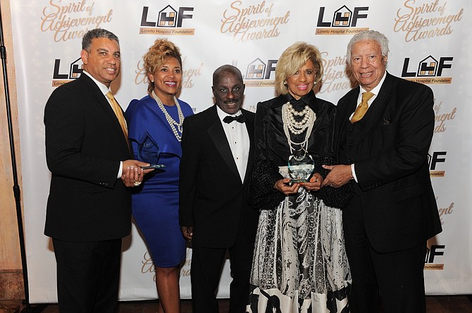 (L to R) Spencer Leak, Jr.; Dr. Donna Leak; George N. Miller, Jr., President and CEO of Loretto Hospital; Henrietta Leak and Spencer Leak, Sr.

