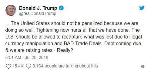 President Trump that higher interest rates are taking away America's competitive edge with China.