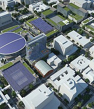 View of the proposed coliseum project area looking northeast from 5th and Broad streets. At left is the Greater Richmond Convention Center, while the tallest building at right is Richmond City Hall. A new coliseum is at top left. Existing buildings are white, proposed buildings have dark shading.