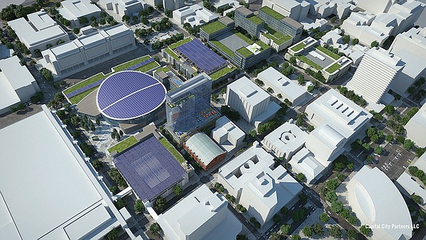 View of the proposed coliseum project area looking northeast from 5th and Broad streets. At left is the Greater Richmond Convention Center, while the tallest building at right is Richmond City Hall. A new coliseum is at top left. Existing buildings are white, proposed buildings have dark shading.