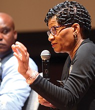 REMEMBERING SANDRA BLAND-
Geneva Reed-Veal speaks during a panel discussion July 11 at the Virginia Commonwealth University Institute for Contemporary Art about her 28-year-old daughter, Sandra Bland, who was arrested on a traffic stop and found hanging three days later in her jail cell in Waller County, Texas, on July 13, 2015. Mrs. Reed-Veal, accompanied by her other daughters and family attorney Cannon Lambert of Chicago, left, were part of the ICA Cinema Series’ showing of the HBO documentary, “Say Her Name: The Life and Death of Sandra Bland.” The film is slated to air on HBO this fall. Members of the Richmond and Petersburg chapters of Sigma Gamma Rho Sorority, of which Ms. Bland was a member, also attended the event. The ICA’s free movie series is held the second Wednesday of each month. Details: https://icavcu.org or (804) 828-2823.  