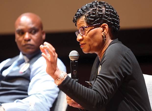 REMEMBERING SANDRA BLAND-
Geneva Reed-Veal speaks during a panel discussion July 11 at the Virginia Commonwealth University Institute for Contemporary Art about her 28-year-old daughter, Sandra Bland, who was arrested on a traffic stop and found hanging three days later in her jail cell in Waller County, Texas, on July 13, 2015. Mrs. Reed-Veal, accompanied by her other daughters and family attorney Cannon Lambert of Chicago, left, were part of the ICA Cinema Series’ showing of the HBO documentary, “Say Her Name: The Life and Death of Sandra Bland.” The film is slated to air on HBO this fall. Members of the Richmond and Petersburg chapters of Sigma Gamma Rho Sorority, of which Ms. Bland was a member, also attended the event. The ICA’s free movie series is held the second Wednesday of each month. Details: https://icavcu.org or (804) 828-2823.  