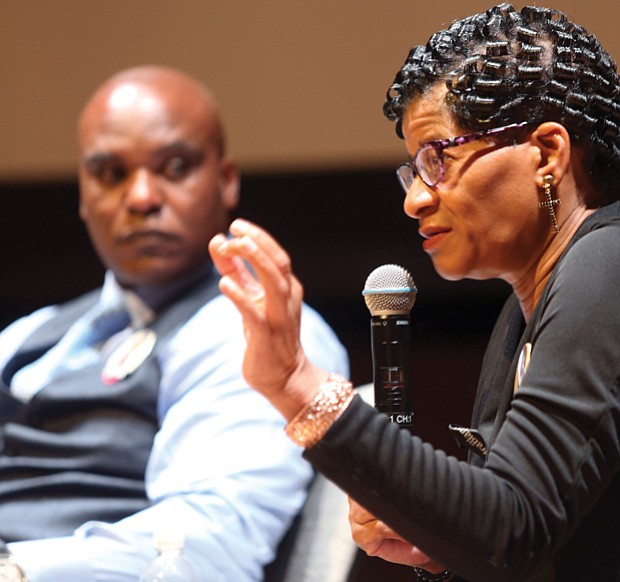 REMEMBERING SANDRA BLAND-
Geneva Reed-Veal speaks during a panel discussion July 11 at the Virginia Commonwealth University Institute for Contemporary Art about her 28-year-old daughter, Sandra Bland, who was arrested on a traffic stop and found hanging three days later in her jail cell in Waller County, Texas, on July 13, 2015. Mrs. Reed-Veal, accompanied by her other daughters and family attorney Cannon Lambert of Chicago, left, were part of the ICA Cinema Series’ showing of the HBO documentary, “Say Her Name: The Life and Death of Sandra Bland.” The film is slated to air on HBO this fall. Members of the Richmond and Petersburg chapters of Sigma Gamma Rho Sorority, of which Ms. Bland was a member, also attended the event. The ICA’s free movie series is held the second Wednesday of each month. Details: https://icavcu.org or (804) 828-2823.  