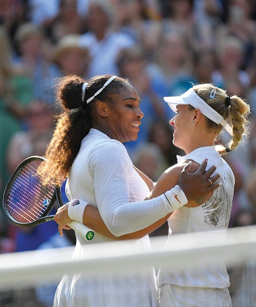 Serena Williams, left, congratulates Angelique Kerber of Germany on her win in the women’s singles final Saturday at Wimbledon.