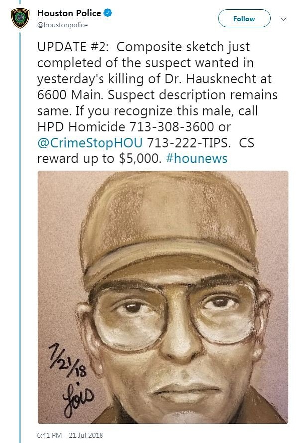 Houston police released an artist's sketch and surveillance images of a cyclist who they say shot and killed Mark Hausknecht, an acclaimed cardiologist who treated former President George H.W. Bush.