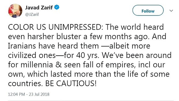 Iran has shot back at US President Donald Trump, dismissing his all-caps Twitter warning that the country would suffer consequences if it continued to threaten the US, saying it was unimpressed by the late-night tweet. "COLOR US UNIMPRESSED," Iran's Foreign Minister Mohammad Javad Zarif tweeted Monday night, employing Trump's penchant to use all capital letters in his tweets.