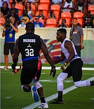 Team Godspeed player James Ihedigbo looking to make a play in the AFFL Championship game