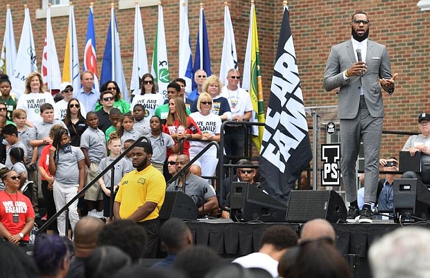 LeBron James speaks on the first day of class at the I Promise School in Akron, Ohio. The LeBron James Family Foundation is the school’s top donor and worked with Akron Public Schools to meet all its standards and regulations. (Wally Skalij / Los Angeles Times)
