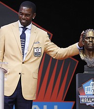 Randy Moss at the NFL Hall of Fame Enshrinement Ceremony on Saturday in Canton, Ohio.