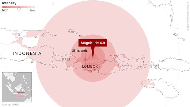 More than 20,000 people have been displaced since the 6.9-magnitude quake struck Lombok, a popular tourist destination, on Sunday night.