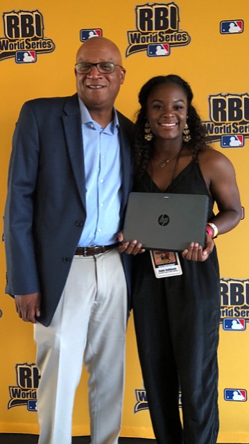  Astros RBI Softball player Kayla Robinson and MLB VP of Youth Programs David James