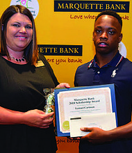 Marquette Bank recently awarded 57 graduating seniors college scholarships of $2,500 each. Scholarship recipient Lemuel Cartman (pictured) from Blue Island, recently graduated from Eisenhower High School and will be using his Marquette Bank Scholarship to attend Valparaiso University in the fall. Photo Credit: Provided by Marquette Bank