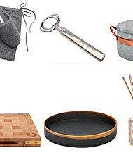 Dolce Cable Cashmere Slippers, $125; Chamberlain Bottle Opener, $45; Pedra Soapstone and Copper Pot with Cover, $205; Dash Cutting Board, $357;  Marlowe Tray with Gold Rim, $450; Diffuser in Cottonseed, $62; 