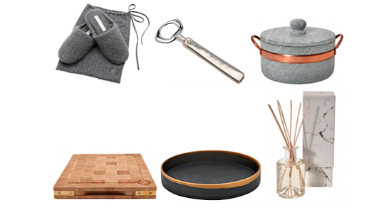 Dolce Cable Cashmere Slippers, $125; Chamberlain Bottle Opener, $45; Pedra Soapstone and Copper Pot with Cover, $205; Dash Cutting Board, $357;  Marlowe Tray with Gold Rim, $450; Diffuser in Cottonseed, $62; 