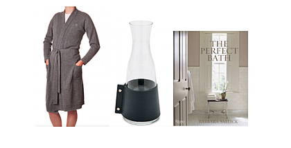 Dolce Cashmere Robe, $285; Draper Large Glass and Leather Carafe, $150; The Perfect Bath Book, $55