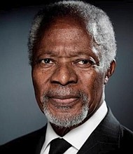 Kofi Annan, the first black African to lead the United Nations, 
