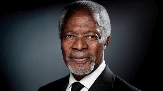 Kofi Annan, the first black African to lead the United Nations, 