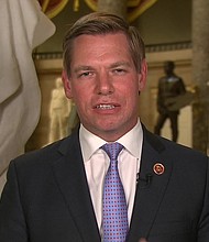 Rep. Eric Swalwell is seen here speaking to CNN. 