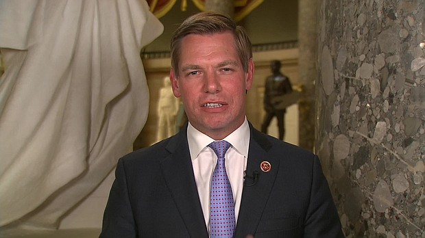 Rep. Eric Swalwell is seen here speaking to CNN. 