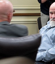 	Frankie Gebhardt looks into the gallery during his trial in June.