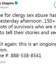 State Attorney General Josh Shapiro called on church leaders to support the report's recommendations "so that survivors have the opportunity to obtain justice." He also said his office's hotline and email accounts have "lit up" with calls and messages from reported abuse survivors since the grand jury report was published.