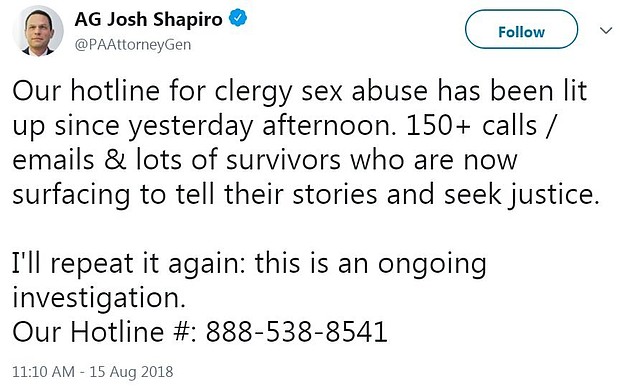 State Attorney General Josh Shapiro called on church leaders to support the report's recommendations "so that survivors have the opportunity to obtain justice." He also said his office's hotline and email accounts have "lit up" with calls and messages from reported abuse survivors since the grand jury report was published.