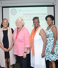 Visit My Neighborhood Acres Homes Grantees celebrate at Lone Star College Victory Center (L to R): Ron Scales, Community Music Center of Houston; Jessica Diane Simien; Kathleen Ownby, SPARK; Norma Jo Thomas; Sandra Price; Priscilla Graham and John Guess, Houston Museum of African American Culture.
 