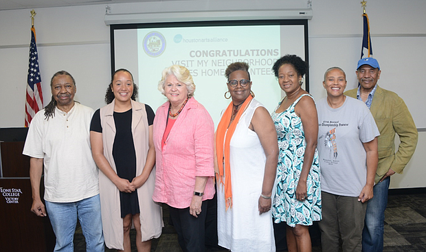 Visit My Neighborhood Acres Homes Grantees celebrate at Lone Star College Victory Center (L to R): Ron Scales, Community Music Center of Houston; Jessica Diane Simien; Kathleen Ownby, SPARK; Norma Jo Thomas; Sandra Price; Priscilla Graham and John Guess, Houston Museum of African American Culture.
 