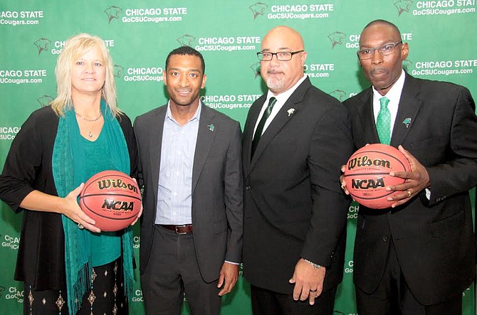 Chicago State University recently held a press conference to announce two new head coaches for the school’s basketball teams. The school has hired Misty Opat (far left) to head the women’s basketball program and Lance Irvin (far right) for the men's basketball program. Both will work closely with the newly hired Athletic Director, Chris Zurich (2nd from the right). Photo Credit: Chicago State University