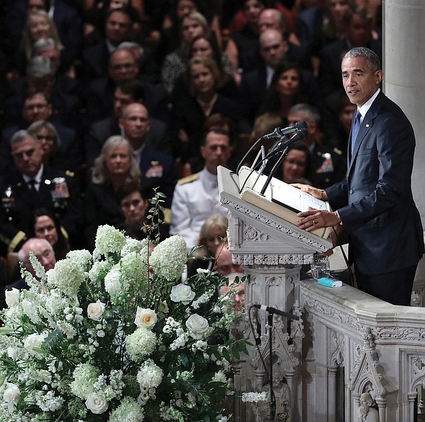 A final farewell: Former President Obama speaks last Saturday at the memorial service of U.S. Sen. John McCain at the National Cathedral in Washington.(Chris Wattie/Reuters)