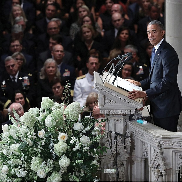 A final farewell: Former President Obama speaks last Saturday at the memorial service of U.S. Sen. John McCain at the National Cathedral in Washington.(Chris Wattie/Reuters)