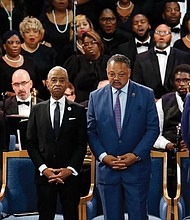 Together in the pulpit at Greater Grace Temple during the service are, from left, Minister Louis Farrakhan of the Nation of Islam; the Rev. Al Sharpton of the National Action Network; the Rev. Jesse L. Jackson Sr. of the National PUSH Rainbow Coalition; and former President Bill Clinton.