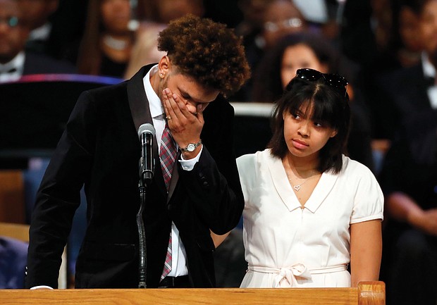 Jordan Franklin breaks down as he and his sister, Victorie Franklin, speak about their grandmother, Aretha Franklin, during her funeral service last Friday.