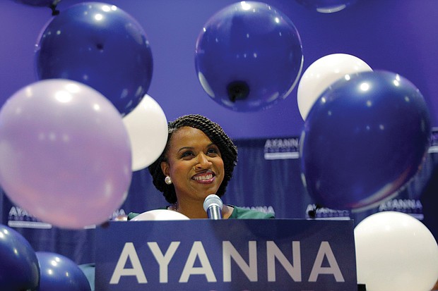 Balloons fall from the ceiling as Ayanna Pressley is declared the winner of Tuesday’s Democratic primary for Congress in Massachusetts. Defeating a longtime congressman, Ms. Pressley has no Republican opponent in the November general election.