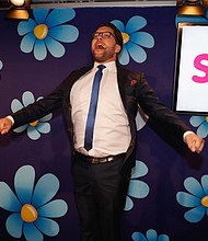 Leader of the far-right Sweden Democrats Jimmie Ãkesson speaks at the party election center on Sunday.