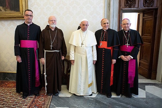 Pope meets with leaders of besieged US Catholic Church  From left to right: Msgr. Brian Bransfield, Sec Gen of USCCB; Card. Sean Patrick O'Malley, Arch of Boston; Pope; Card. Daniel Di Nardo, Pres of USCCB; Arch Jose Gomez, VP of USCCB