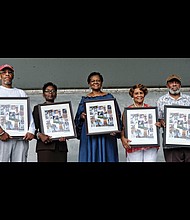 Hundreds gathered at Ethel Bailey Furman Park for the 35th Annual Church Hill Reunion held last Saturday. Organizers honored, from left, Harold Harris, City Councilwoman Cynthia I. Newbille, Delegate Delores L. McQuinn, Mary Thompson, and Leroy Allen. Absent from the event was honoree Henry L. Marsh III, a former state senator and former Richmond mayor. (Sandra Sellars/Richmond Free Press)
