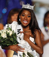 Miss New York Nia Imani Franklin is struck by emotion after being crowned Miss America last Sunday in the competition in Atlantic City, N.J.