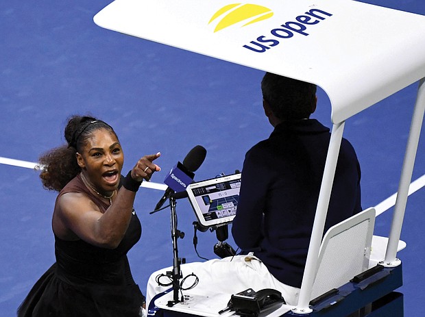 Serena Williams yells at chair umpire Carlos Ramos during the women’s final last Saturday of the U.S. Open Tournament in New York. 