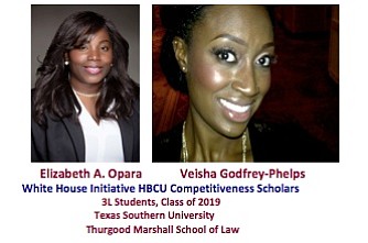 Third-year, Thurgood Marshall School of Law students, Elizabeth A. Opara and Veisha Godfrey-Phelps have been named 2018 HBCU Competitiveness Scholars …
