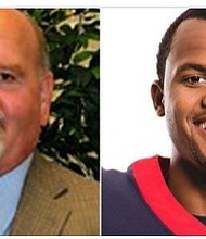 Lynn Redden, the superintendent of Onalaska school district,  and Texans quarterback Deshaun Watson