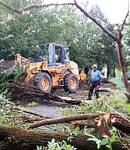 Crew members from the city Department of Public Works use chainsaws and heavy machinery to clean up downed trees and storm debris Tuesday along Lamont Street near Laburnum Avenue in North Side. 