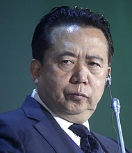 	Interpol president Meng Hongwei appears at an International Cybersecurity Congress in Moscow in July.