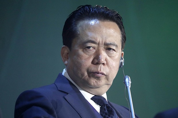 	Interpol president Meng Hongwei appears at an International Cybersecurity Congress in Moscow in July.