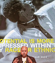 David Harris Jr., a nephew of Arthur Ashe Jr., speaks at Tuesday’s public hearing on renaming the Boulevard for his famous late uncle. Mr. Harris started this latest renaming initiative, the third since Mr. Ashe’s death in 1993.