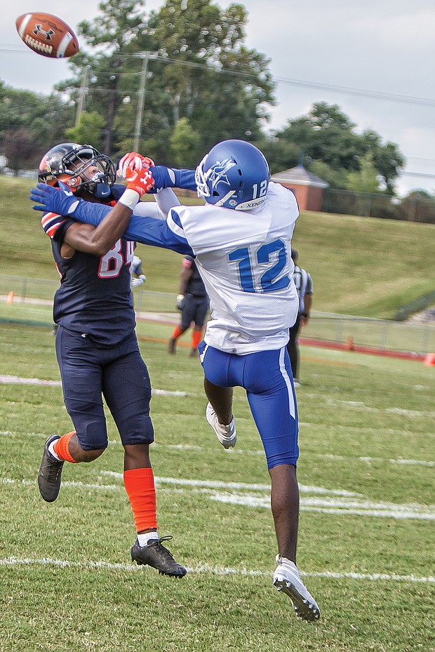 Defensive back Greg Williams Jr., right, of Elizabeth City State University breaks up a pass to VSU wide receiver Jemourri La Pierre at last Saturday’s game. VSU went on to win 41-19.