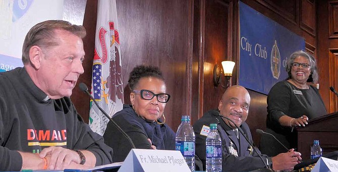 The City Club of Chicago recently hosted Police Superintendent Eddie Johnson, Chicago journalist Mary Mitchell, and community activist Father Michael Pfleger for a panel discussion about Crime in Chicago: Perception vs. Reality. Photo Credit: Provided by the City Club of Chicago