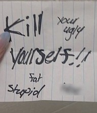 A 12-year-old Blue Springs girl is afraid to go to school after discovering a hateful note in her locker Monday morning.