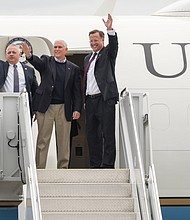 Vice President Mike Pence arrives at Richmond International Airport last Saturday on Air Force One to campaign for several Virginia Republican congressional candidates, including 7th District Rep. Dave Brat, right, who is facing a close challenge from Democrat Abigail Spanberger, a former CIA operative. The vice president also attended a Downtown rally and private fundraiser for Ryan McAdams, an evangelical pastor who is challenging Democratic incumbent Rep. A. Donald McEachin in the 4th Congressional District.